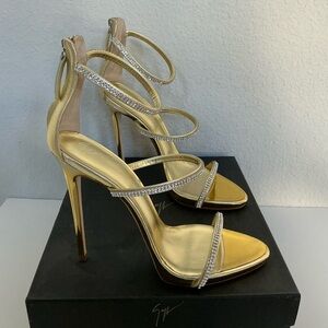 Giuseppe Zanotti Celine Gold and Crystal Strappy Heels Sandals 42